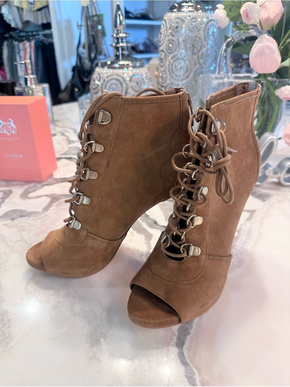 Guess Brown Suede Lace-Up Peep Toe Ankle Heels
